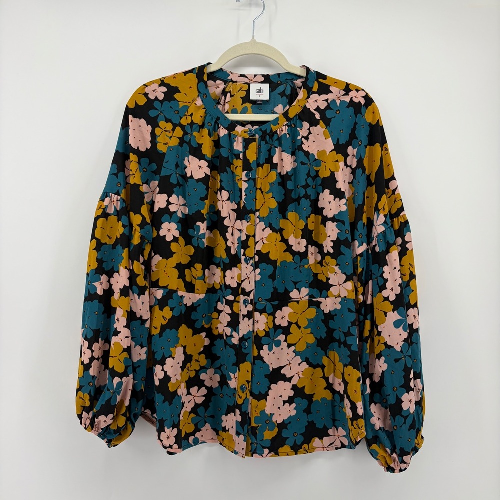 Cabi Womens Small Multicolor Floral Button Up Blouse 4158 Balloon‎ Sleeve Top